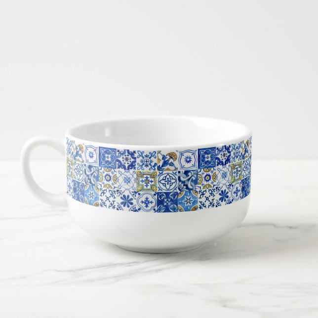 Summer Mediterranean Blue, White & Yellow Pattern  Soup Mug (Right)