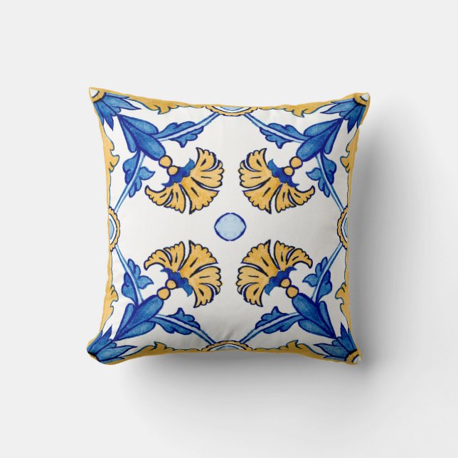 Summer Mediterranean blue yellow flowers  Throw Pillow (Front)