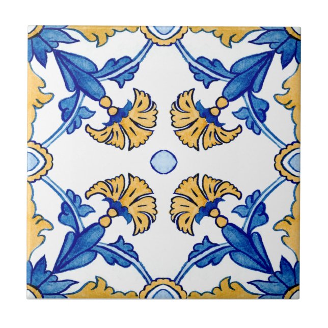 Summer Mediterranean blue yellow flowers tiles (Front)