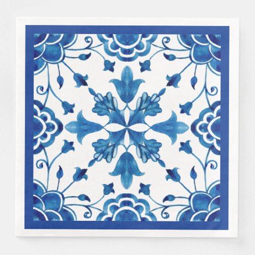 Summer Mediterranean flower tile print  Paper Dinner Napkins