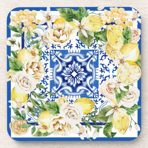 Summer Mediterranean lemon and flowers print  Beverage Coaster