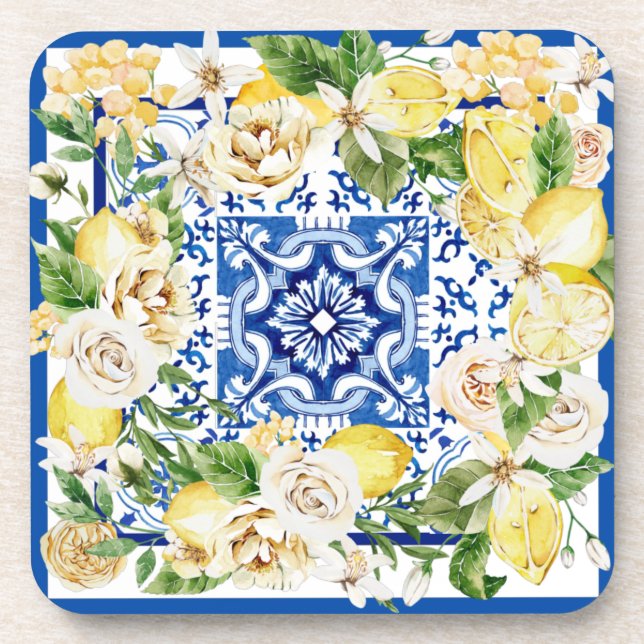 Summer Mediterranean lemon and flowers print  Beverage Coaster (Front)