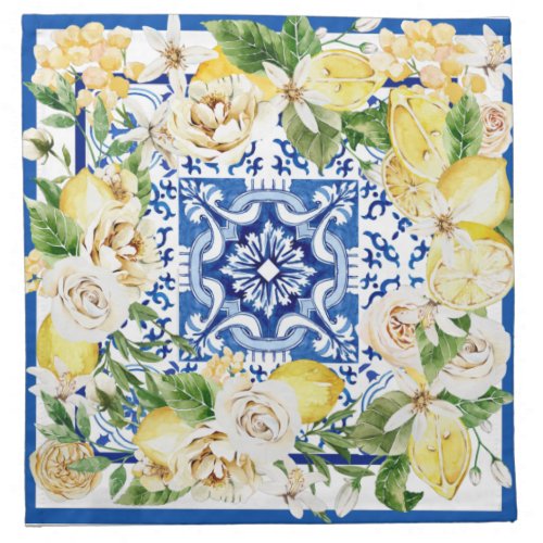 Summer Mediterranean lemon and flowers print   Cloth Napkin