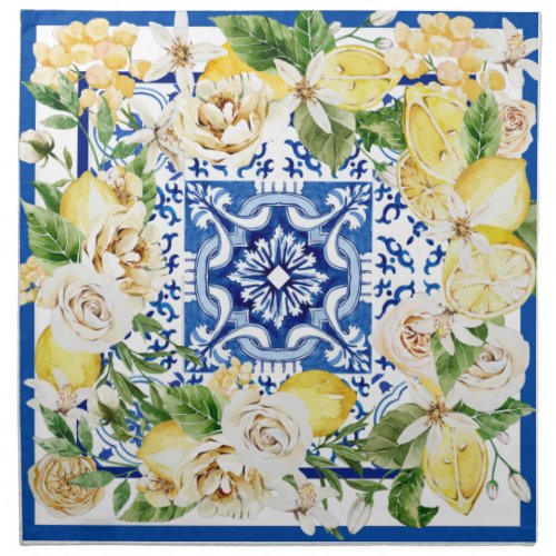 Summer Mediterranean lemon and flowers print  Cloth Napkin