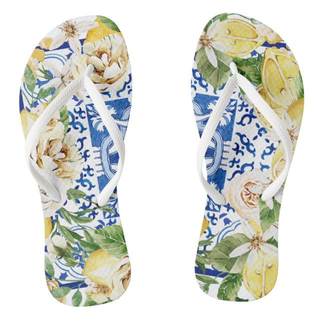 Summer Mediterranean lemon and flowers print   Flip Flops (Footbed)