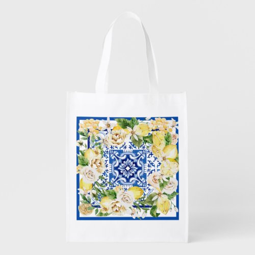 Summer Mediterranean lemon and flowers print  Grocery Bag