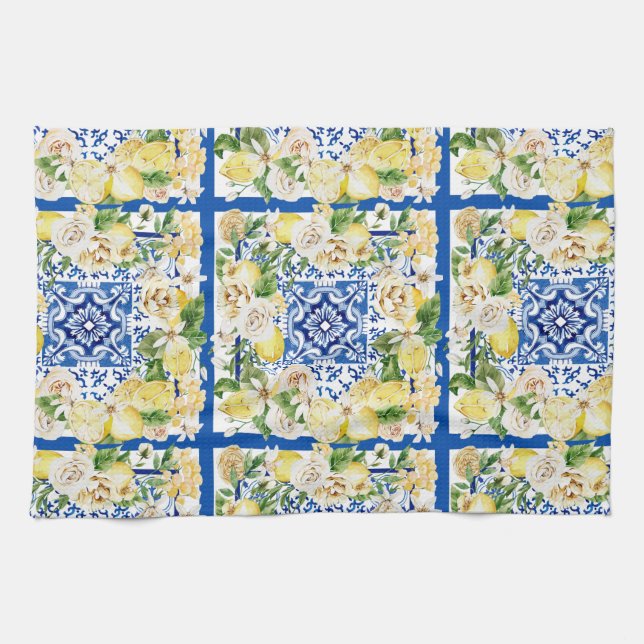 Summer Mediterranean lemon and flowers print  Kitchen Towel (Horizontal)