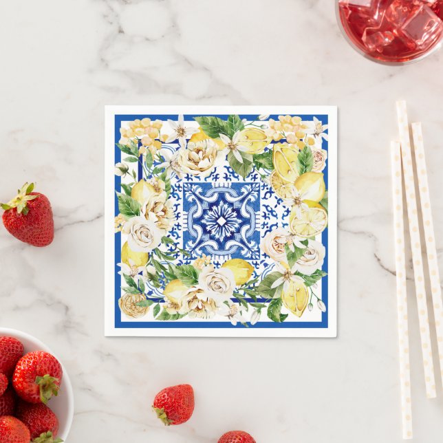 Summer Mediterranean lemon and flowers print  Napkins (Insitu)