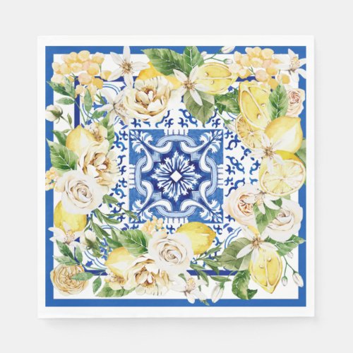 Summer Mediterranean lemon and flowers print   Napkins