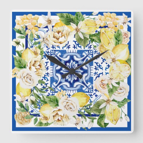 Summer Mediterranean lemon and flowers print    Square Wall Clock
