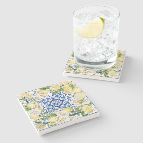 Summer Mediterranean lemon and flowers print   Stone Coaster