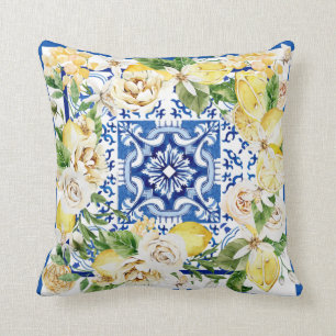 Summer Mediterranean lemon and flowers print Throw Pillow