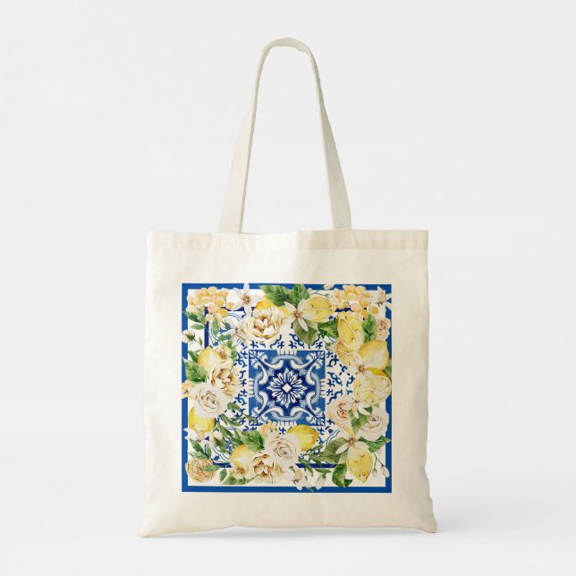 Summer Mediterranean lemon and flowers print   Tote Bag (Back)