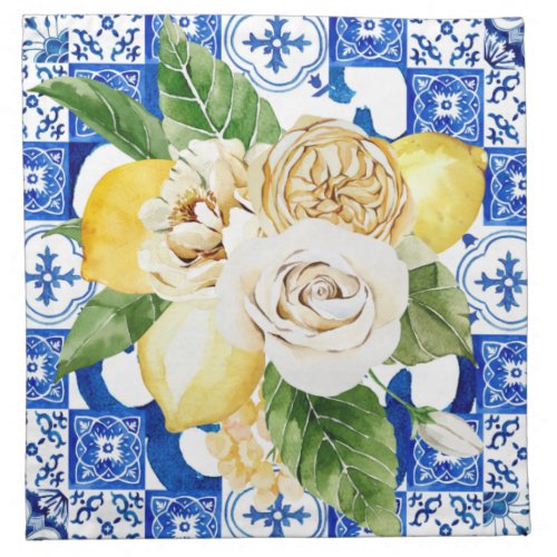Summer Mediterranean lemon and flowers tile print  Cloth Napkin