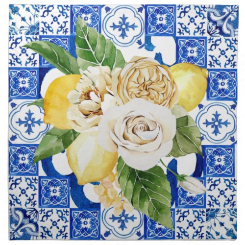 Summer Mediterranean lemon and flowers tile print  Cloth Napkin