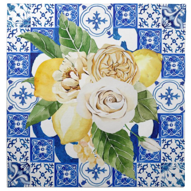 Summer Mediterranean lemon and flowers tile print  Cloth Napkin (Front)
