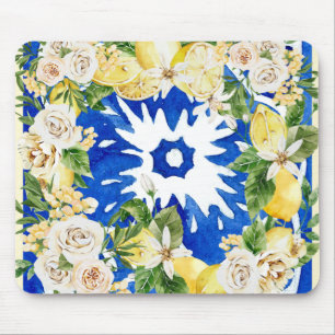 Summer Mediterranean lemon and flowers tile print  Mouse Pad