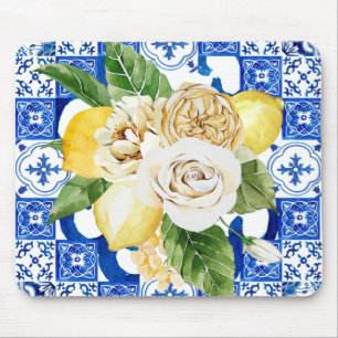 Summer Mediterranean lemon and flowers tile print Mouse Pad