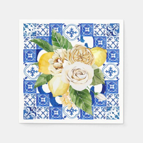 Summer Mediterranean lemon and flowers tile print  Napkins