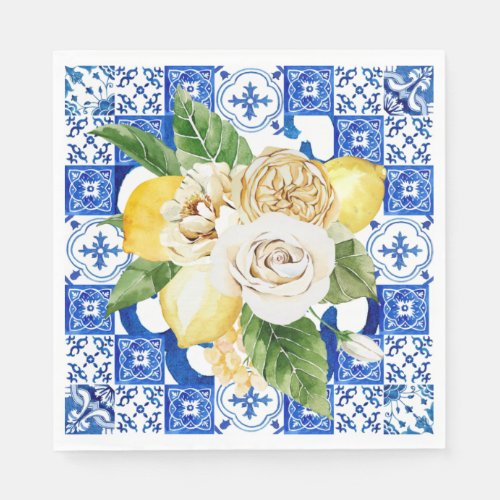 Summer Mediterranean lemon and flowers tile print  Napkins