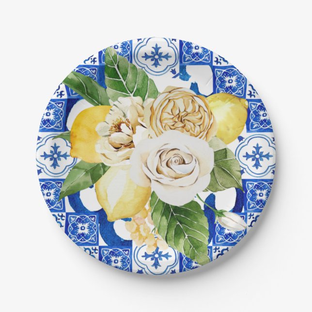 Summer Mediterranean lemon and flowers tile print Paper Plates (Front)