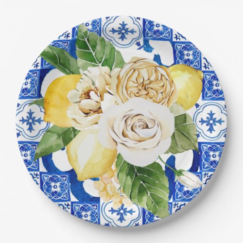 Summer Mediterranean lemon and flowers tile print  Paper Plates