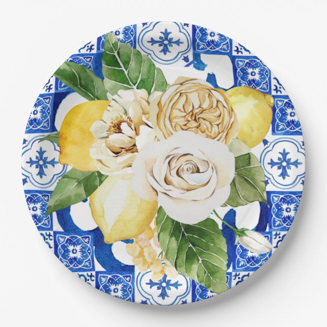 Summer Mediterranean lemon and flowers tile print  Paper Plates (Front)