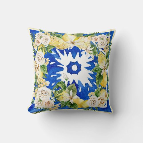 Summer Mediterranean lemon and flowers tile print Throw Pillow