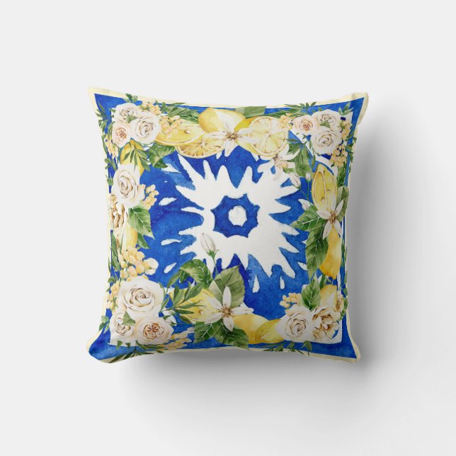 Summer Mediterranean lemon and flowers tile print Throw Pillow (Front)