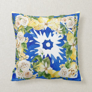 Summer Mediterranean lemon and flowers tile print Throw Pillow