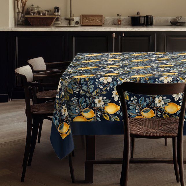 Summer Mediterranean yellow lemons navy blue Tablecloth (Summer Mediterranean yellow lemons navy blue Tablecloth)