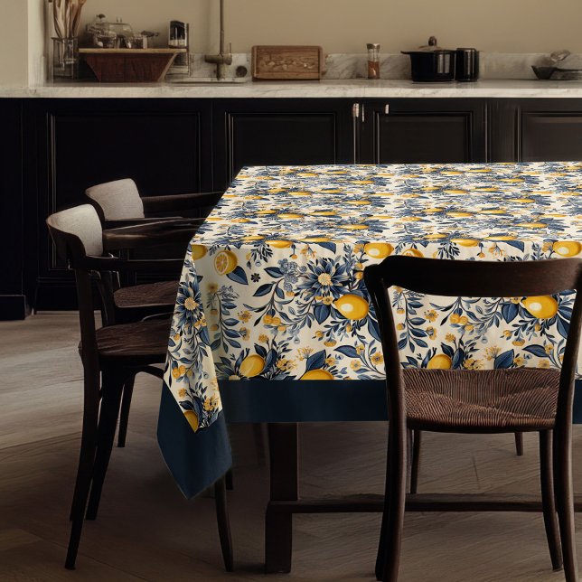 Summer Mediterranean yellow lemons navy blue Tablecloth (Summer Mediterranean yellow lemons navy blue Tablecloth)