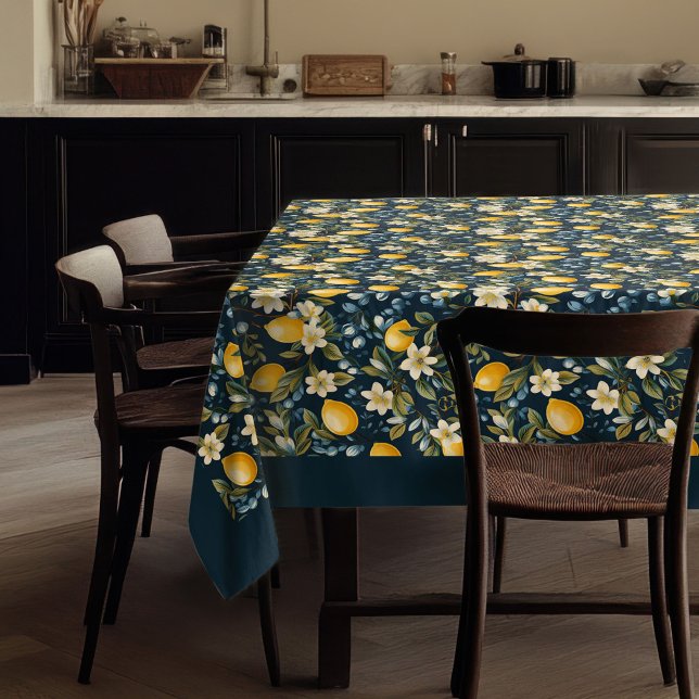 Summer Mediterranean yellow lemons navy blue Tablecloth (Summer Mediterranean yellow lemons navy blue Tablecloth)