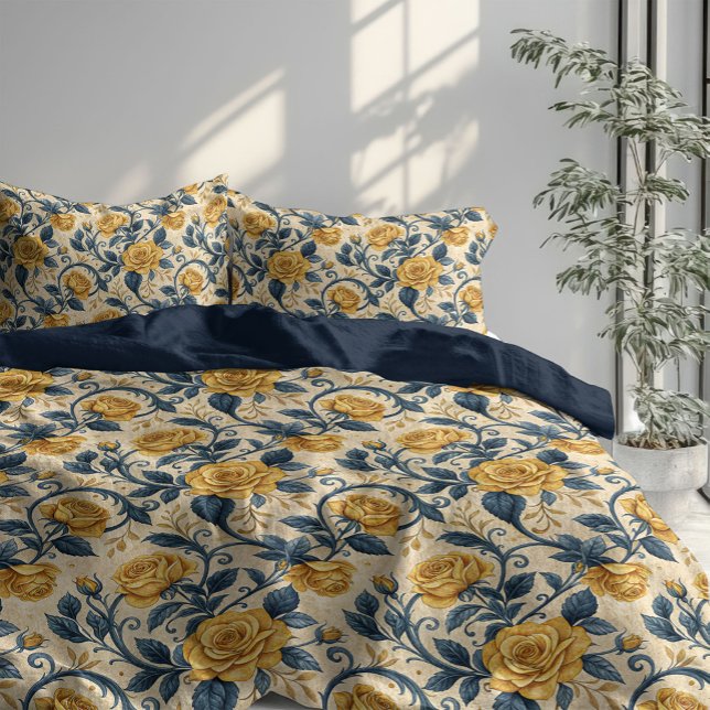 Summer Mediterranean yellow roses navy blue leaves Duvet Cover (Summer Mediterranean yellow roses navy blue leaves Duvet Cover)