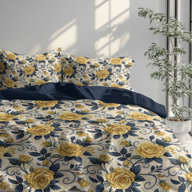 Summer Mediterranean yellow roses navy blue leaves Duvet Cover (Summer Mediterranean yellow roses navy blue leaves Duvet Cover)