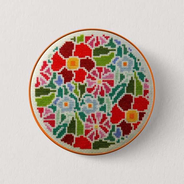 Summer memories hand embroidered round ornament pinback button (Front)