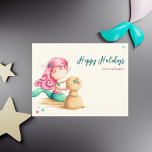 Summer Mermaid at the Beach Christmas From Family Postcard<br><div class="desc">Minimalist summer Christmas postcard with an illustration of a mermaid with pink hear and turquoise tail building a snowman like sculpture from the sand at the beach. Great for the upcoming season if your Christmas is going to be in summer. Illustrated and designed by Patricia Alvarez.</div>