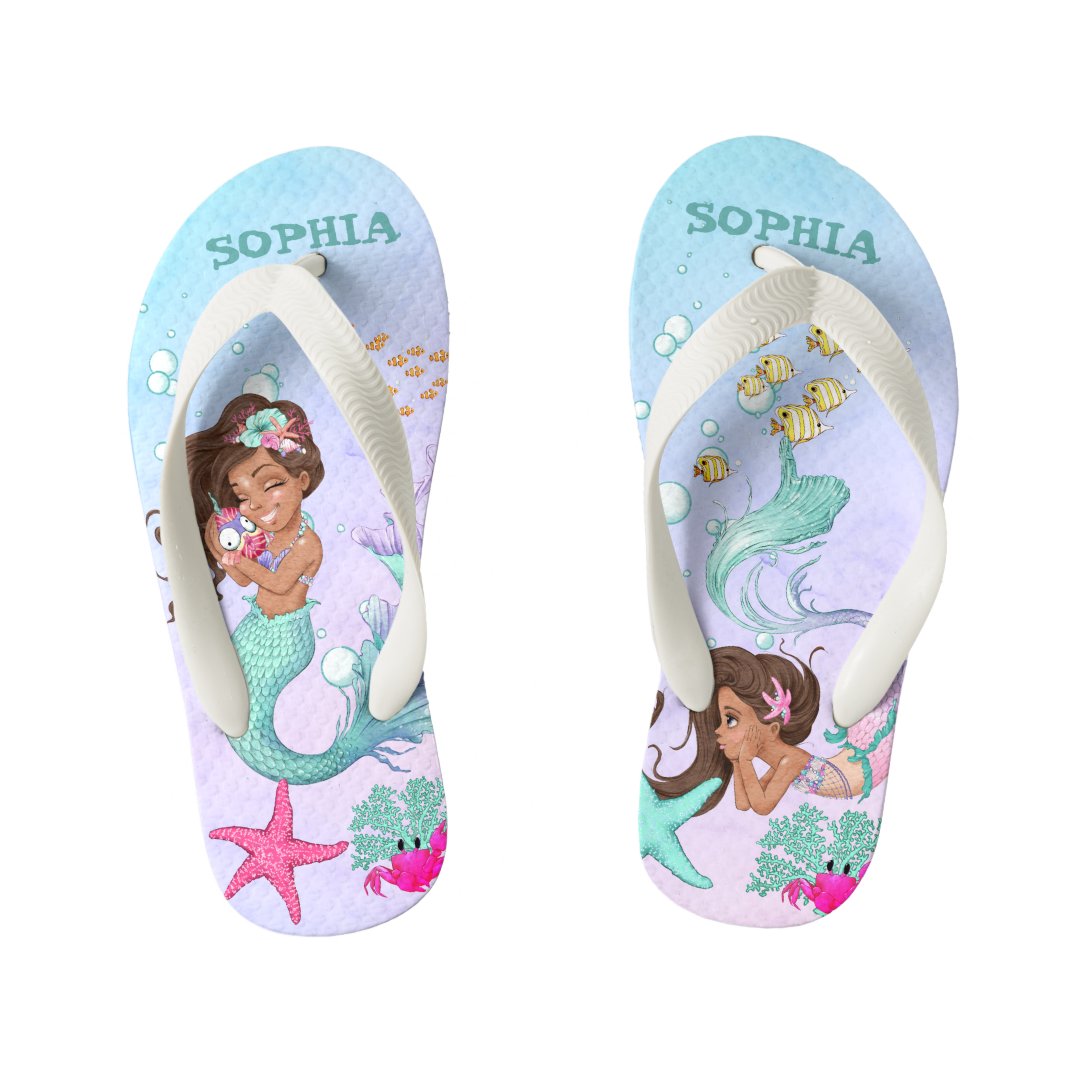 Summer Mermaid Cute Blue Pink Starfish Personal Kid's Flip Flops | Zazzle