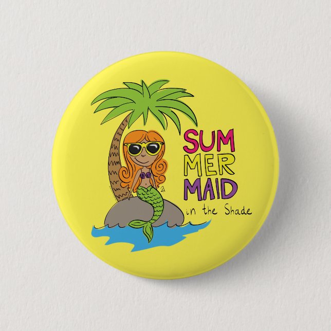 Summer Mermaid Cute Water Bottle Lime Yellow Button (Front)