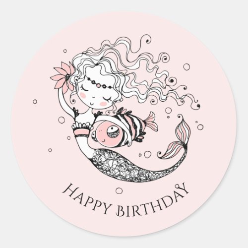 Summer Mermaid Girls Birthday Pink Classic Round Sticker