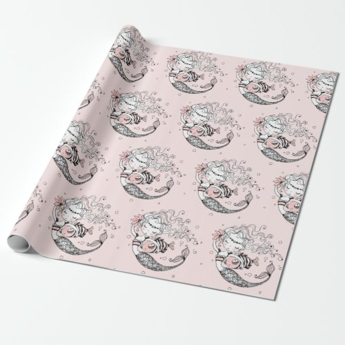 Summer Mermaid Girls Birthday Pink Wrapping Paper