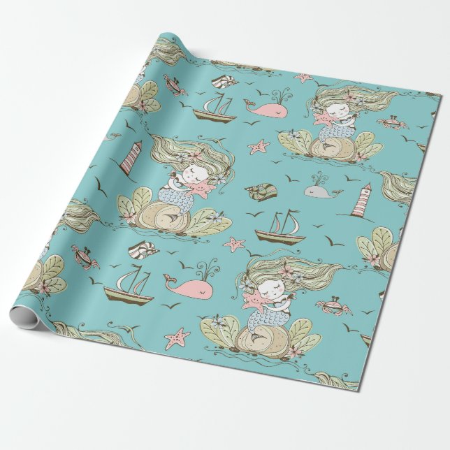 Summer Mermaid Girls Birthday Under the Sea Wrapping Paper (Unrolled)