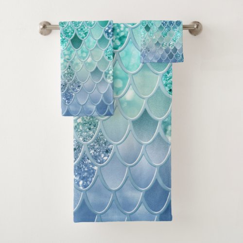 Summer Mermaid Glitter Scales 12 Faux Glitter  Bath Towel Set