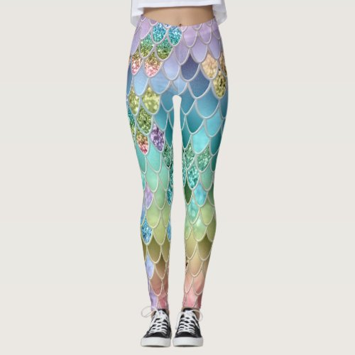 Summer Mermaid Glitter Scales 1 Faux Glitter  Leggings