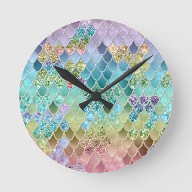 Summer Mermaid Glitter Scales #1 (Faux Glitter)  Round Clock (Front)