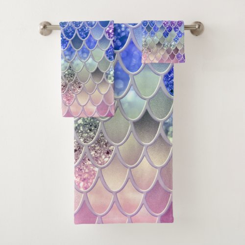 Summer Mermaid Glitter Scales 3 Faux Glitter  Bath Towel Set