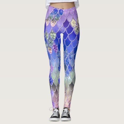 Summer Mermaid Glitter Scales 3 Faux Glitter  Leggings