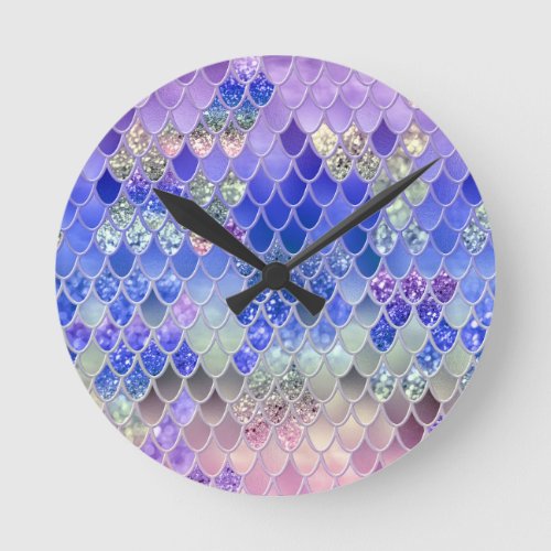 Summer Mermaid Glitter Scales 3 Faux Glitter  Round Clock