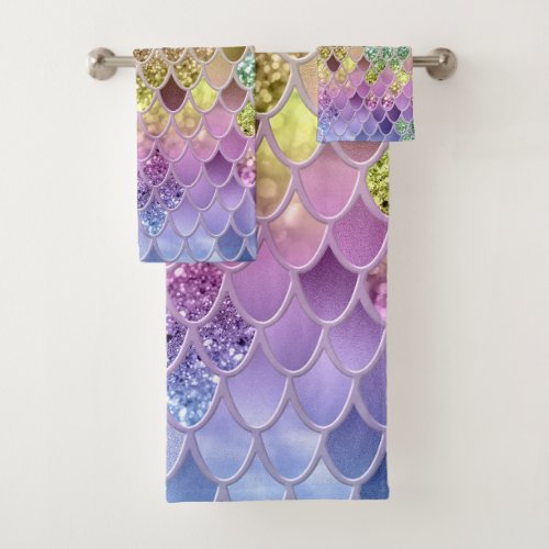 Summer Mermaid Glitter Scales 6 Faux Glitter  Bath Towel Set