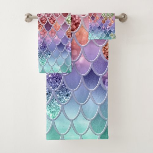Summer Mermaid Glitter Scales 7 Faux Glitter  Bath Towel Set